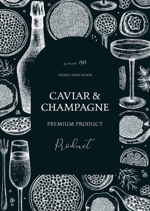 Caviar and champagne artistic frame design. Hand drawn menu  template with red caviar canape, canned black caviar, sparkling wine bottle, glasses sketches. Seafood background on chalkboard